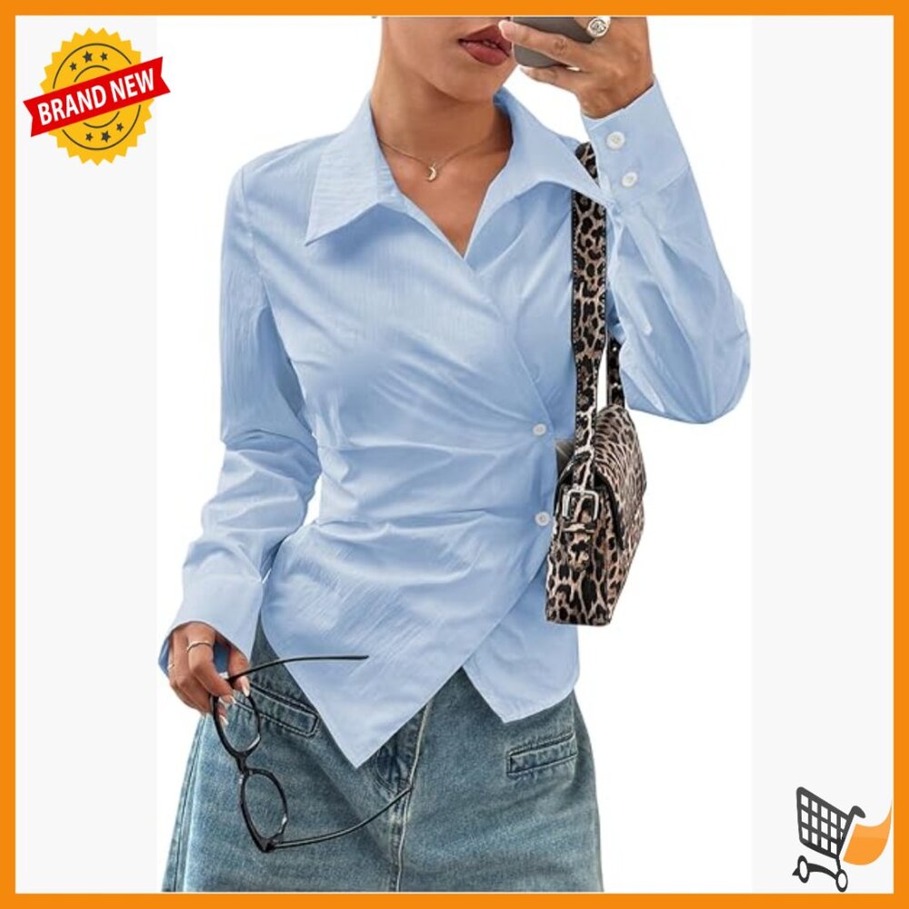 Long Sleeve Wrap Button Down Blouse Asymmetrical … - image 1